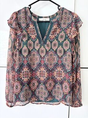 LOFT Teal Multicolor Mosaic V-Neck Blouse
